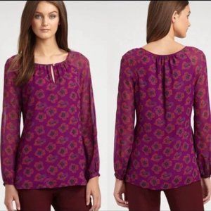 Tory Burch Floral Purple Silk Blouse, Size 2.